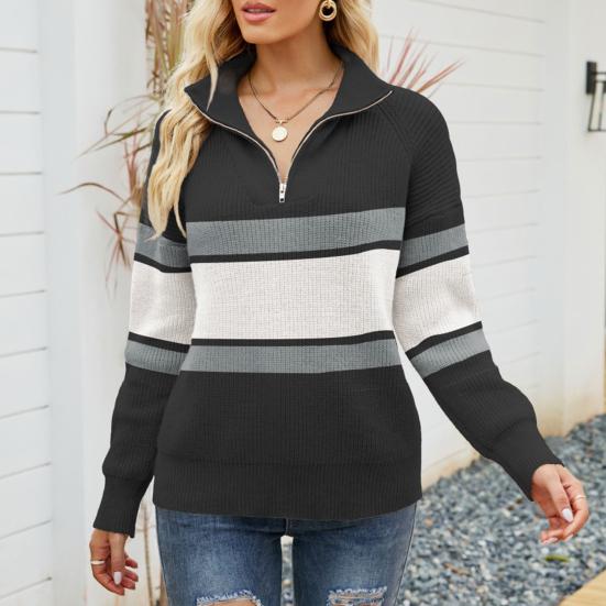 Carla | Women's Long Sleeve Striped Quarter Zip Sweater - Image 2