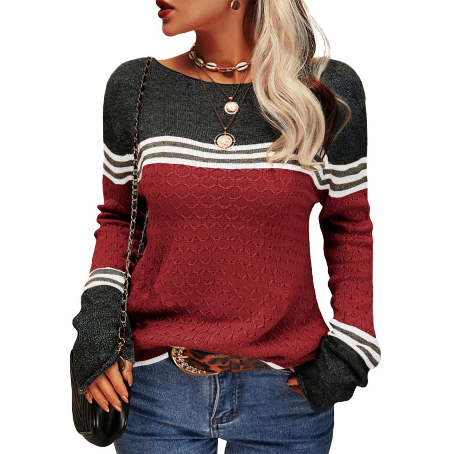 Mary | Women's Color Block Long Sleeve Pullover Sweater - Image 4