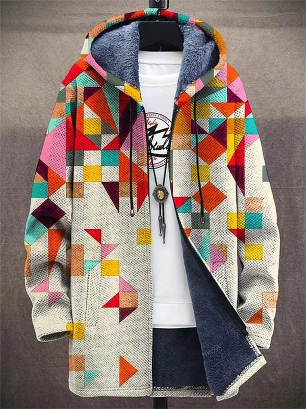 Frida | Women's Hooded Geometric Print Longline Coat - Image 2