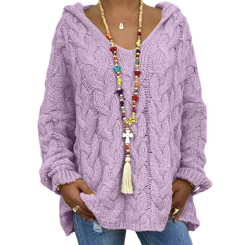 Laura | Women's Hooded Cable Knit V-Neck Sweater - Image 9