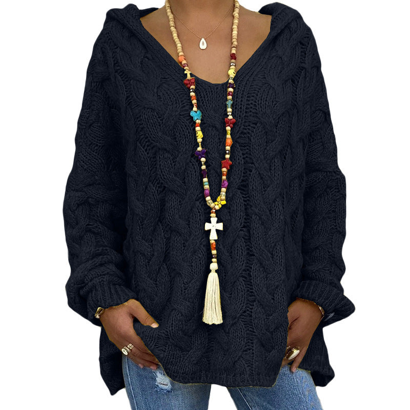 Laura | Women's Hooded Cable Knit V-Neck Sweater - Image 7