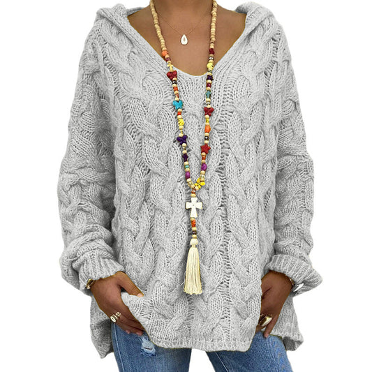 Laura | Women's Hooded Cable Knit V-Neck Sweater - Image 1