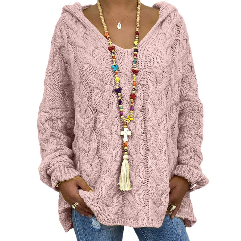 Laura | Women's Hooded Cable Knit V-Neck Sweater - Image 6