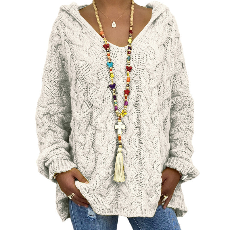 Laura | Women's Hooded Cable Knit V-Neck Sweater - Image 8