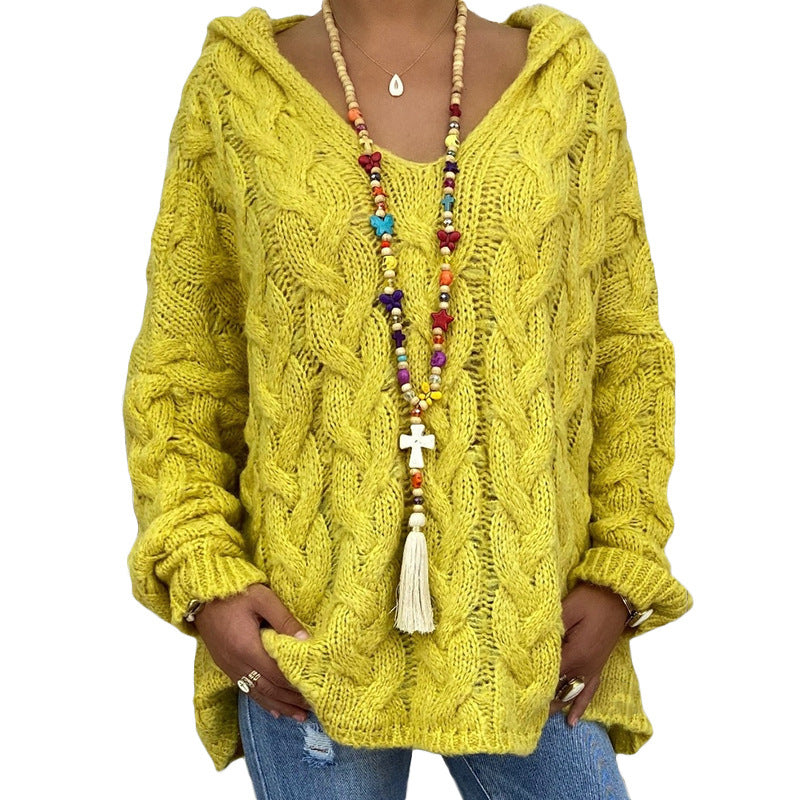 Laura | Women's Hooded Cable Knit V-Neck Sweater - Image 2