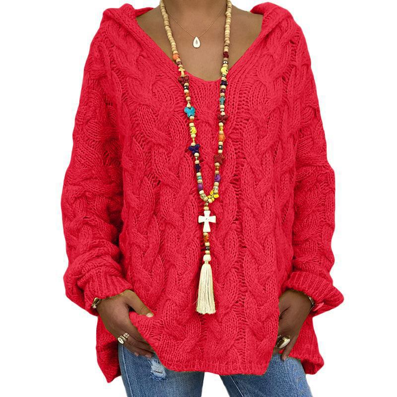 Laura | Women's Hooded Cable Knit V-Neck Sweater - Image 4