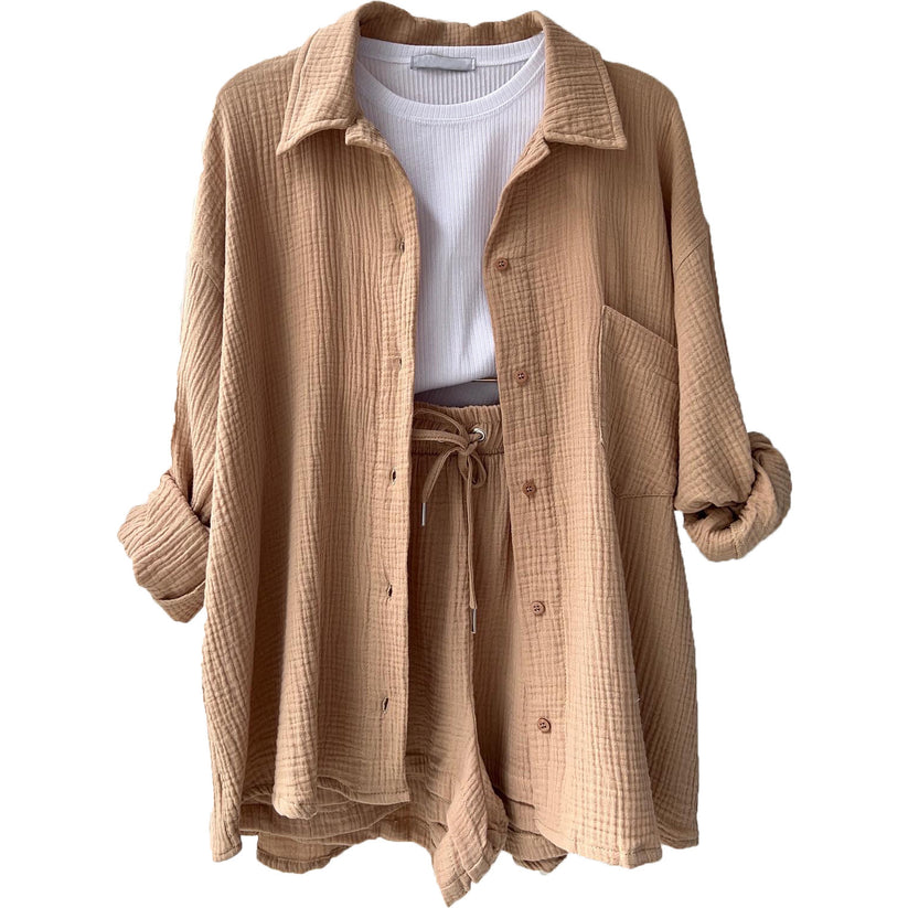Edith | Women's Oversized Button-Down Shirt and Drawstring Shorts Set - Image 3