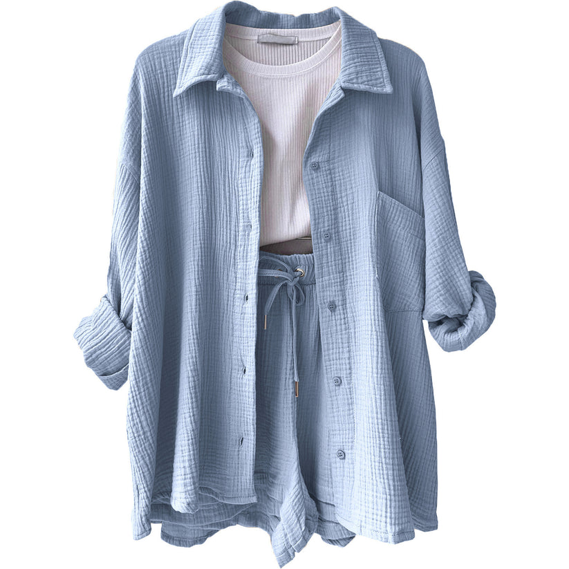 Edith | Women's Oversized Button-Down Shirt and Drawstring Shorts Set - Image 4