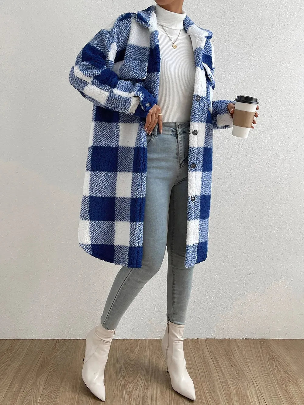 Charlene | Women's Long Plaid Shacket Coat - Image 3