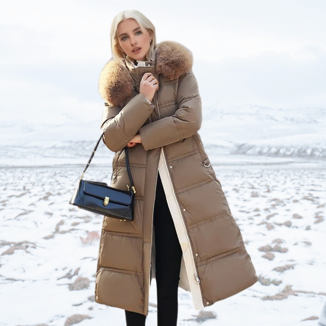 Morgan | Women's Long Puffer Coat with Fur Hood - Image 1