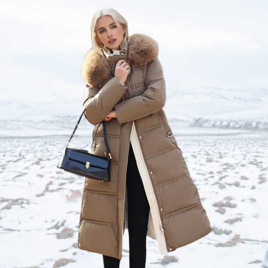 Morgan | Women's Long Puffer Coat with Fur Hood - Image 1