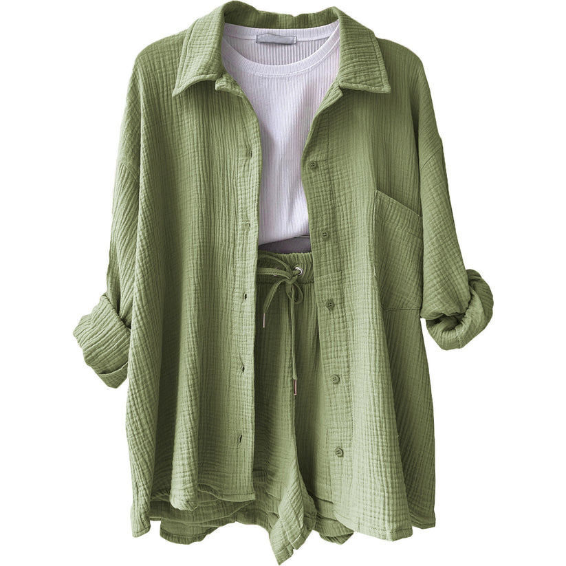 Edith | Women's Oversized Button-Down Shirt and Drawstring Shorts Set - Image 5