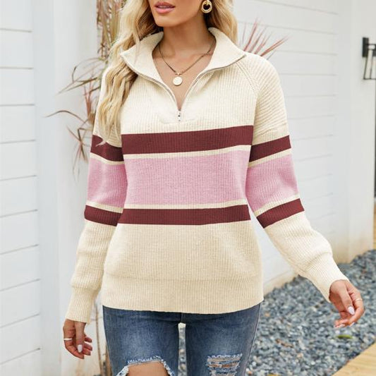 Carla | Women's Long Sleeve Striped Quarter Zip Sweater - Image 1