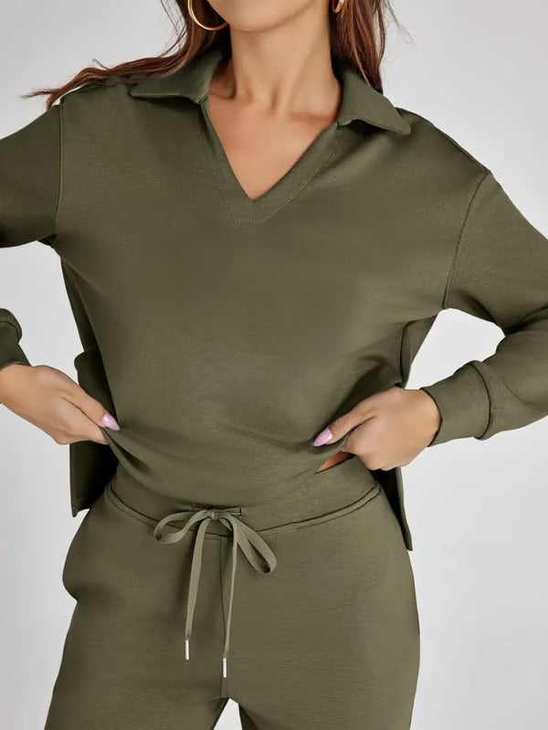 Vivian | Women's Long Sleeve Collar Top Lounge Two Piece Set - Image 6