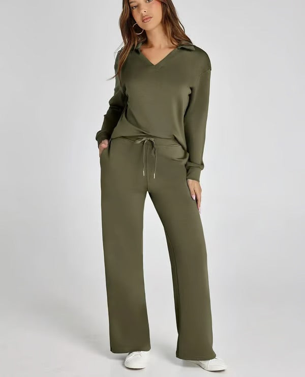 Vivian | Women's Long Sleeve Collar Top Lounge Two Piece Set - Image 5