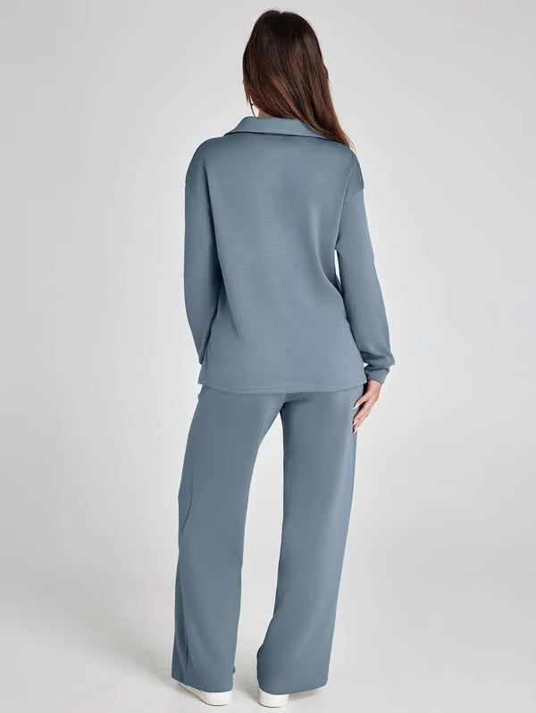 Vivian | Women's Long Sleeve Collar Top Lounge Two Piece Set - Image 3