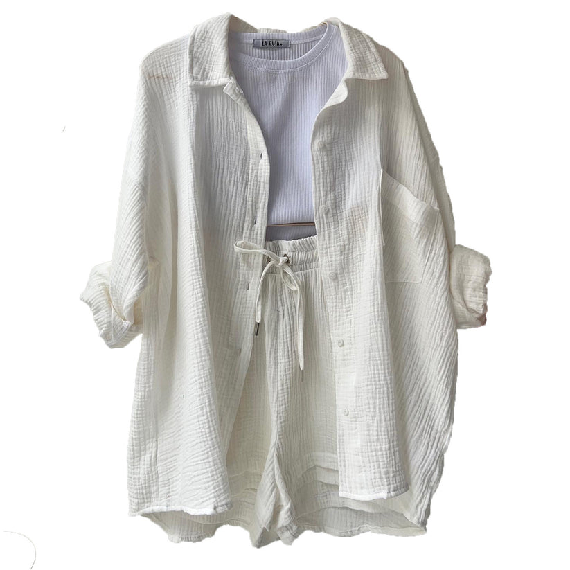 Edith | Women's Oversized Button-Down Shirt and Drawstring Shorts Set - Image 9