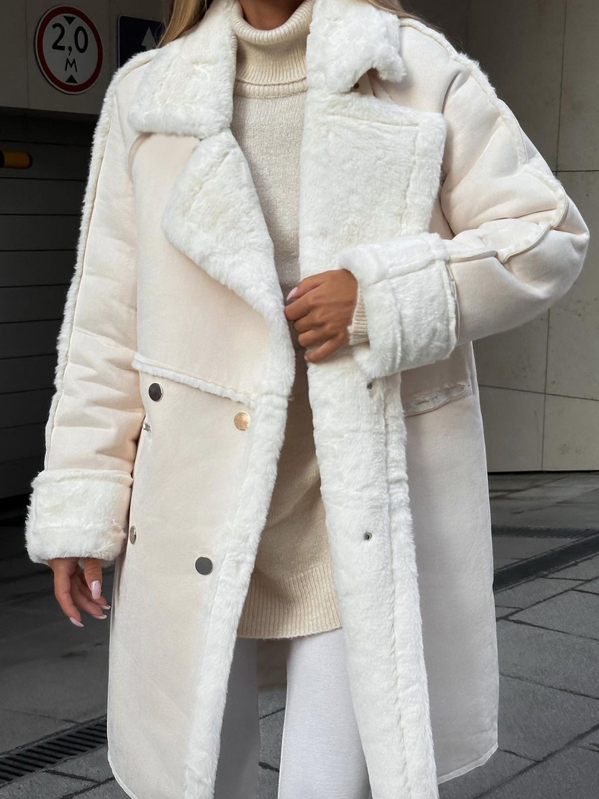 Zara | Women's Double-Breasted Faux Fur Trim Long Coat - Image 1