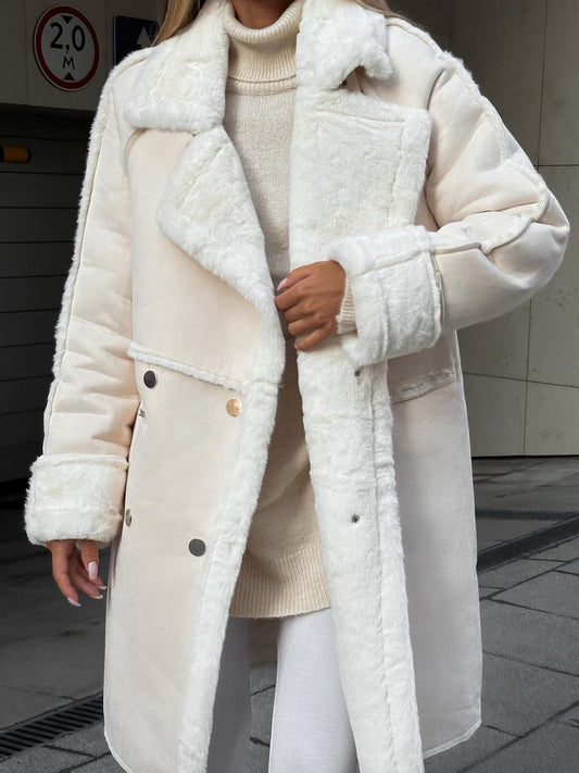 Zara | Women's Double-Breasted Faux Fur Trim Long Coat - Image 1