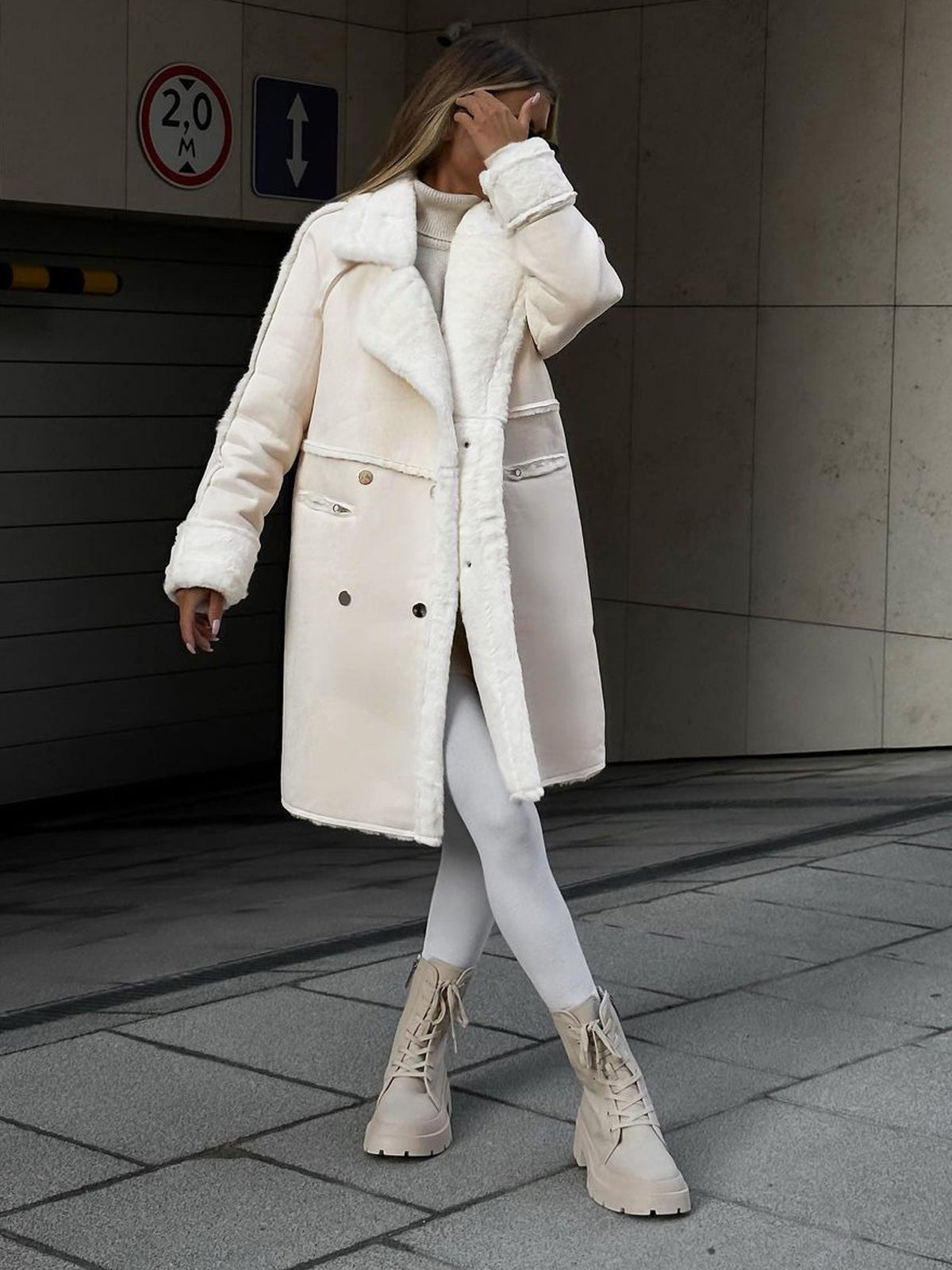 Zara | Women's Double-Breasted Faux Fur Trim Long Coat - Image 5