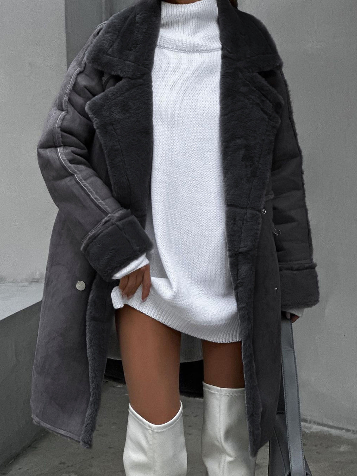 Zara | Women's Double-Breasted Faux Fur Trim Long Coat - Image 2
