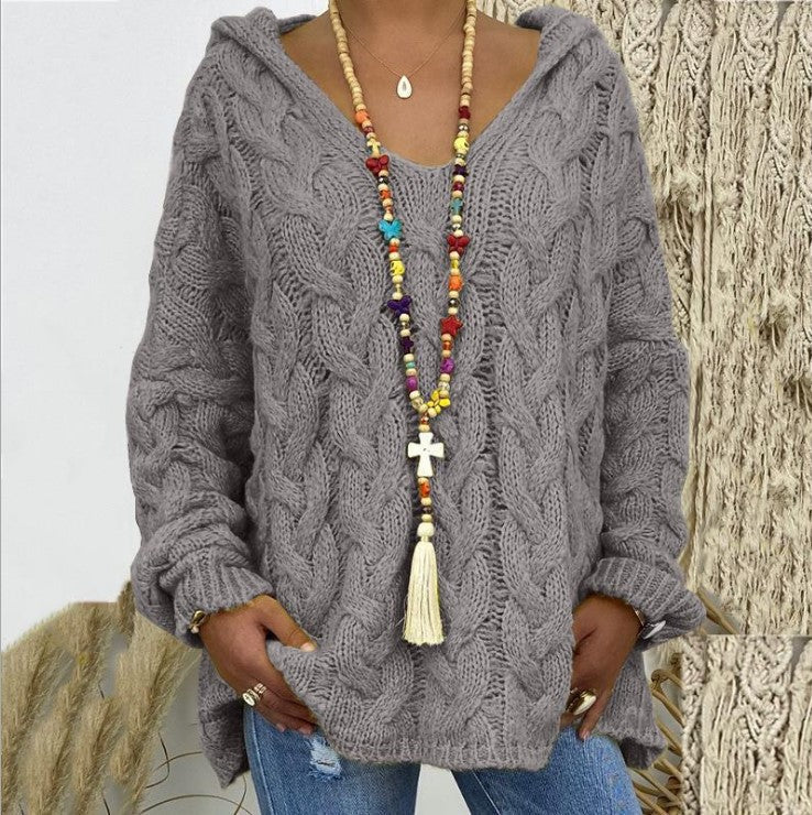Laura | Women's Hooded Cable Knit V-Neck Sweater - Image 3