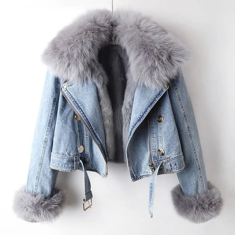 Harper | Women's Cropped Denim Jacket with Fur Collar - Image 1