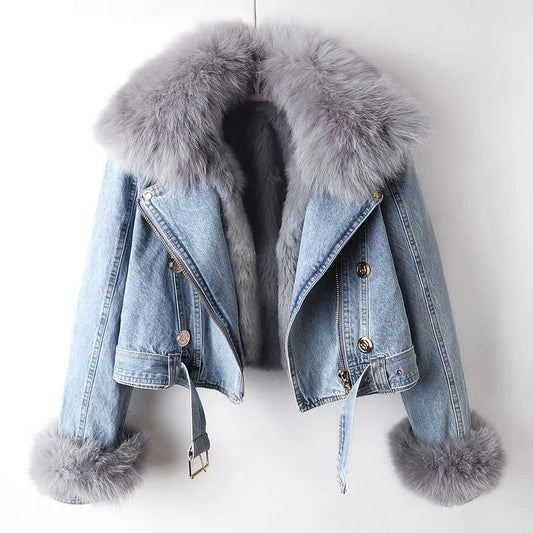 Harper | Women's Cropped Denim Jacket with Fur Collar - Image 1