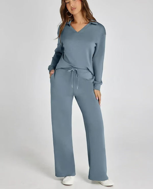 Vivian | Women's Long Sleeve Collar Top Lounge Two Piece Set - Image 1