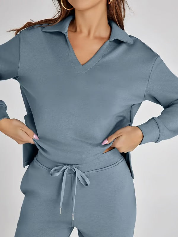 Vivian | Women's Long Sleeve Collar Top Lounge Two Piece Set - Image 2