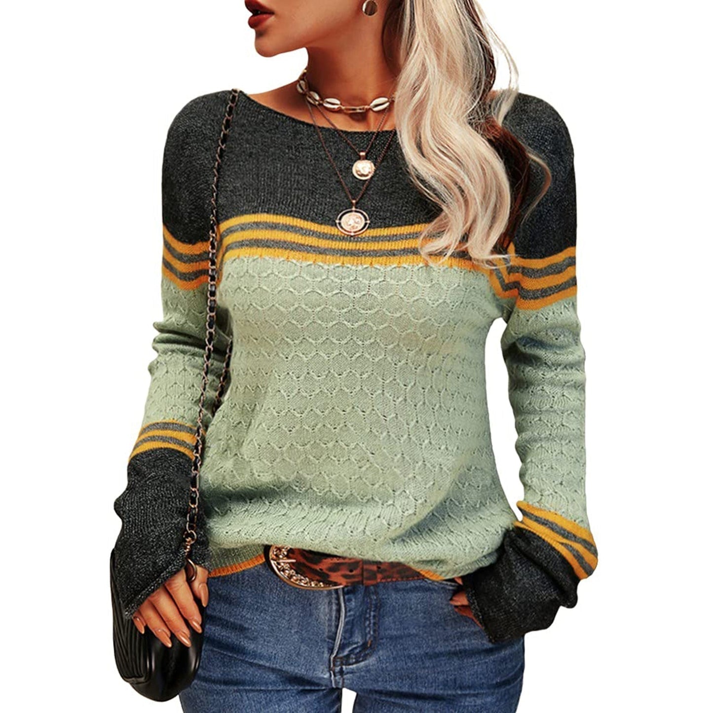 Mary | Women's Color Block Long Sleeve Pullover Sweater - Image 10