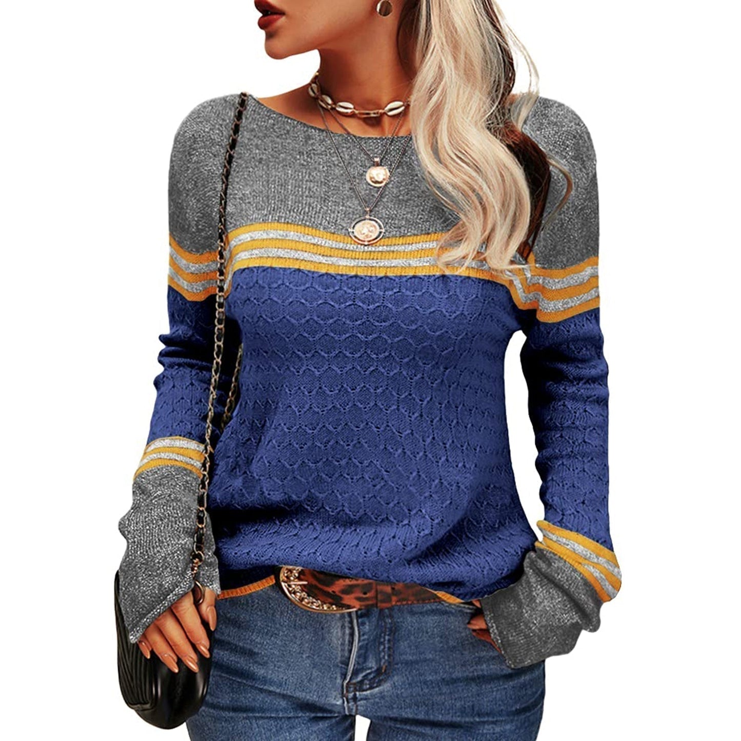 Mary | Women's Color Block Long Sleeve Pullover Sweater - Image 11