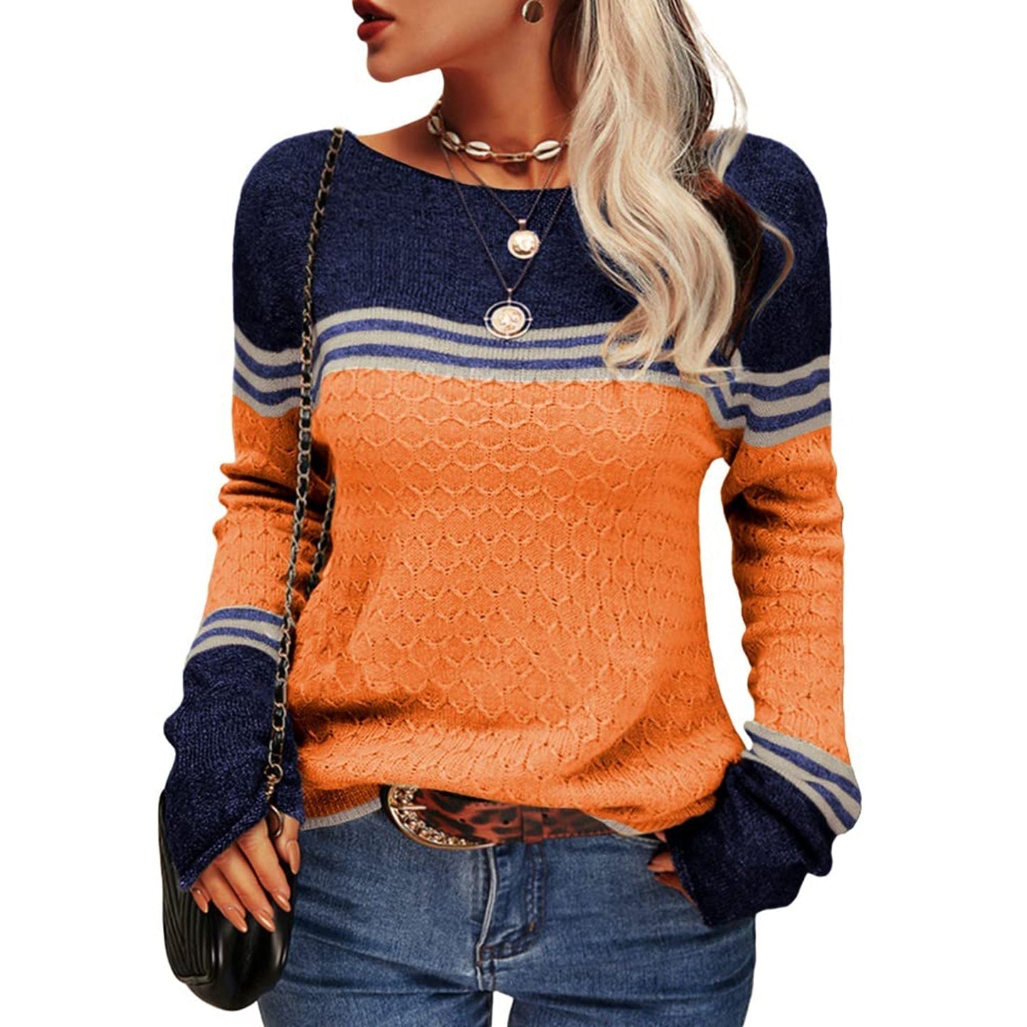 Mary | Women's Color Block Long Sleeve Pullover Sweater - Image 12