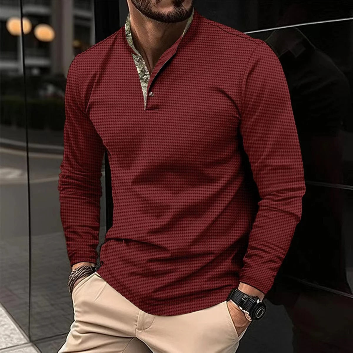 Kaden | Men's Slim-Fit Long Sleeve Henley Shirt - Image 2