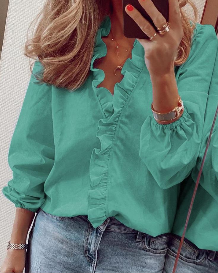 Shelby | Women's Ruffle V-Neck Long Sleeve Blouse - Image 4